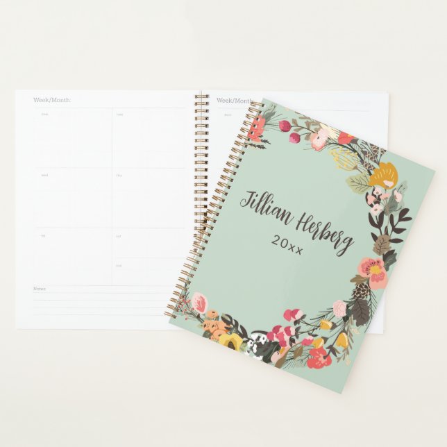 Autumn Floral Wreath Sage Green Personalized Planner (Display)