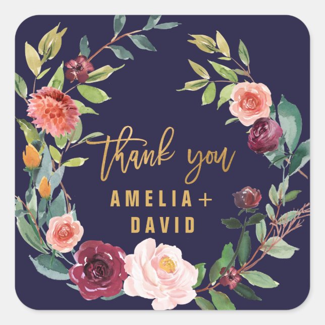 Autumn Floral Wreath Thank You Favor Square Sticker (Front)