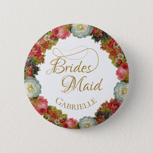 Autumn Floral Wreath Wedding Bridesmaid Name Tag Button