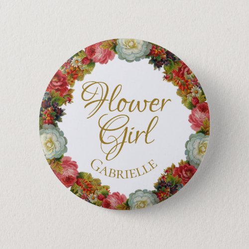 Autumn Floral Wreath Wedding Flower Girl Name Tag Button