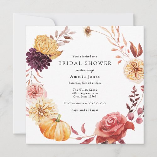 Autumn Florals and Pumpkin Bridal Shower Invitation