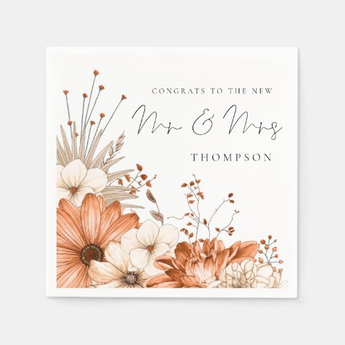 Autumn Florals Congrats Mr Mrs Name Wedding Napkin