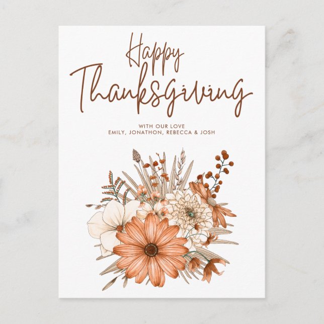 Autumn Florals Foliage Happy Thanksgiving Names Holiday Postcard (Front)