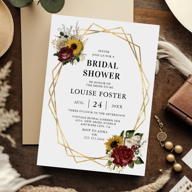 Autumn Florals & Geometric Frame Bridal Shower Invitation