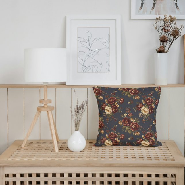 Autumn Florals in Deep Burgundy and Warm Cream  Throw Pillow (Classic farmhouse look with warm, inviting fall floral accents.)