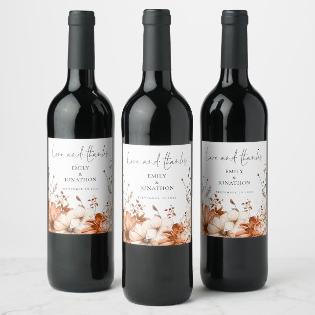 Autumn Florals Love Thanks Names Date Wedding Wine Label (Bottles)