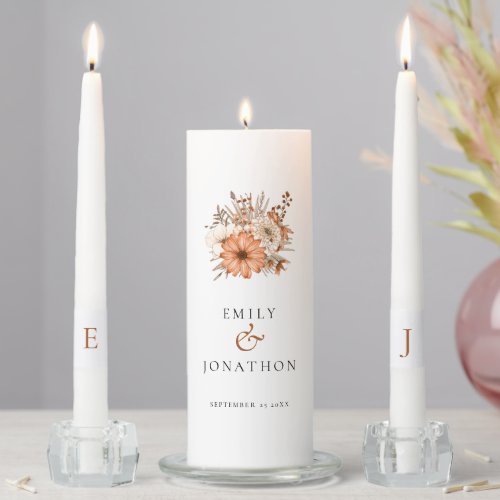 Autumn Florals Names Date Initials Wedding Unity Candle Set