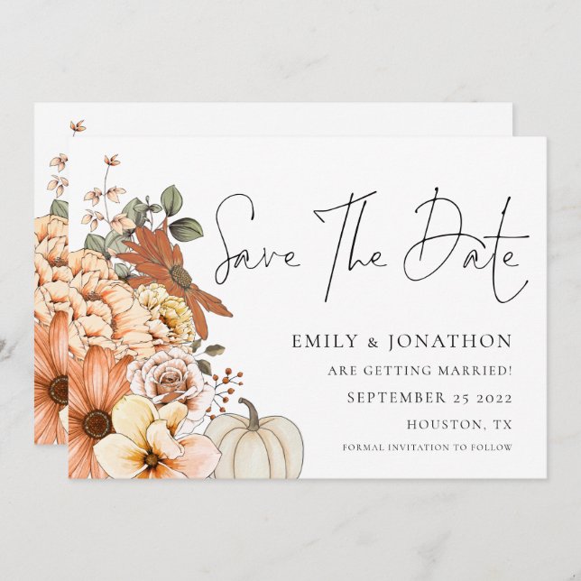 Autumn Florals Pumpkin QR Code Wedding  Save The Date (Front/Back)