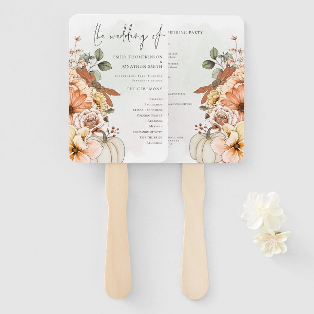 Autumn Florals Pumpkin Watercolor Wedding Program Hand Fan (Front and Back)