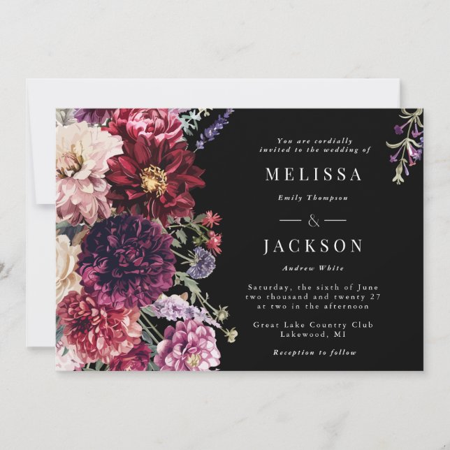 Autumn Flower Dahlia Wedding Invitation Black (Front)