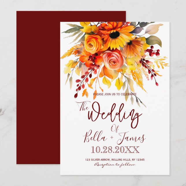 Autumn Flower Foilage Wedding Invitation (Front/Back)
