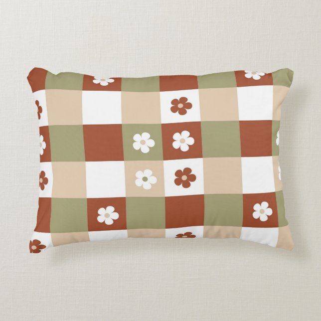 Autumn Flower Gingham Check Pattern Accent Pillow (Front)