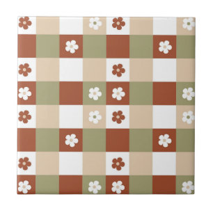 Autumn Flower Gingham Check Pattern Ceramic Tile