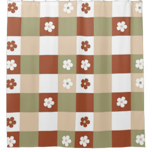 Autumn Flower Gingham Check Pattern Shower Curtain