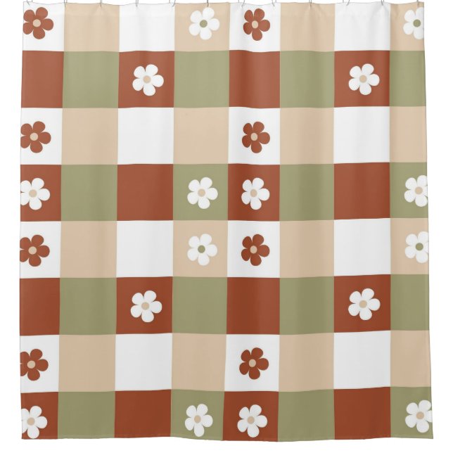 Autumn Flower Gingham Check Pattern Shower Curtain (Front)
