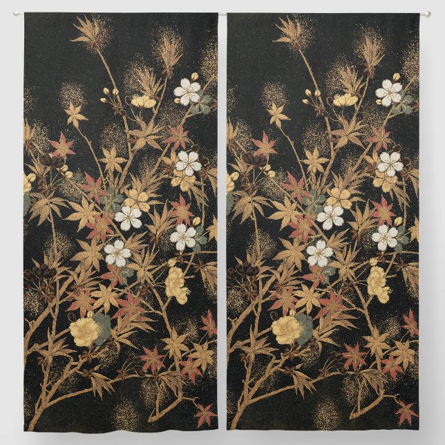 Autumn Flower & Tree 1884 Japanese Ornamental Art Blackout Curtains (Pair)