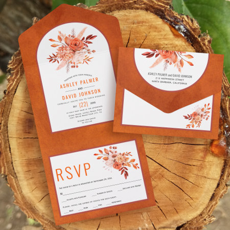 Autumn Flowers And Arch Orange Fall Wedding All In One Invitation