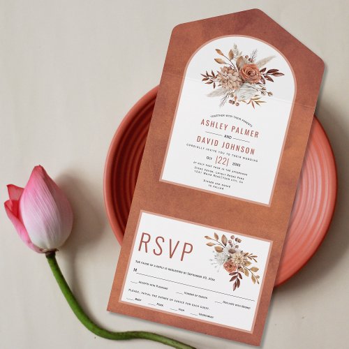 Autumn flowers and arch terracotta fall wedding all in one invitation