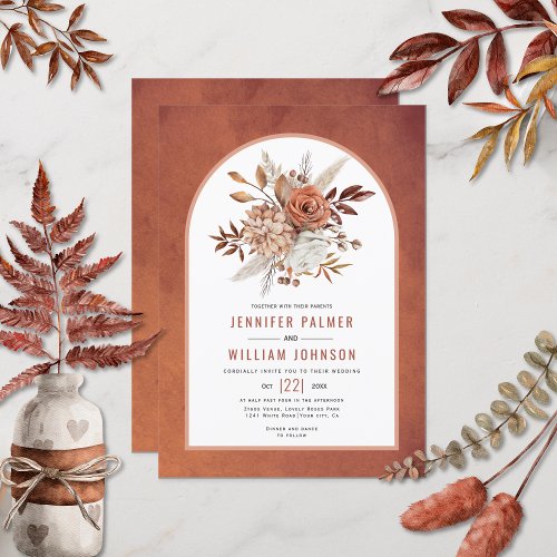 Autumn flowers and arch terracotta fall wedding invitation
