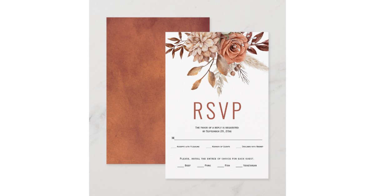 Autumn flowers and leaves terracotta fall wedding RSVP card | Zazzle