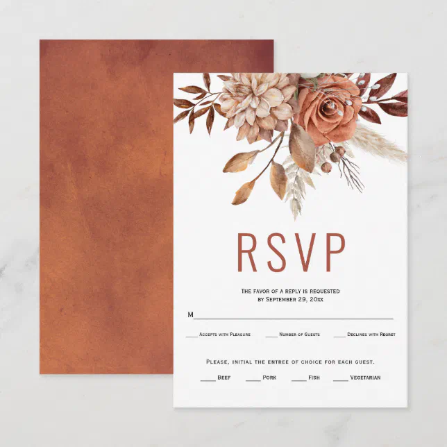 Autumn flowers and leaves terracotta fall wedding RSVP card | Zazzle