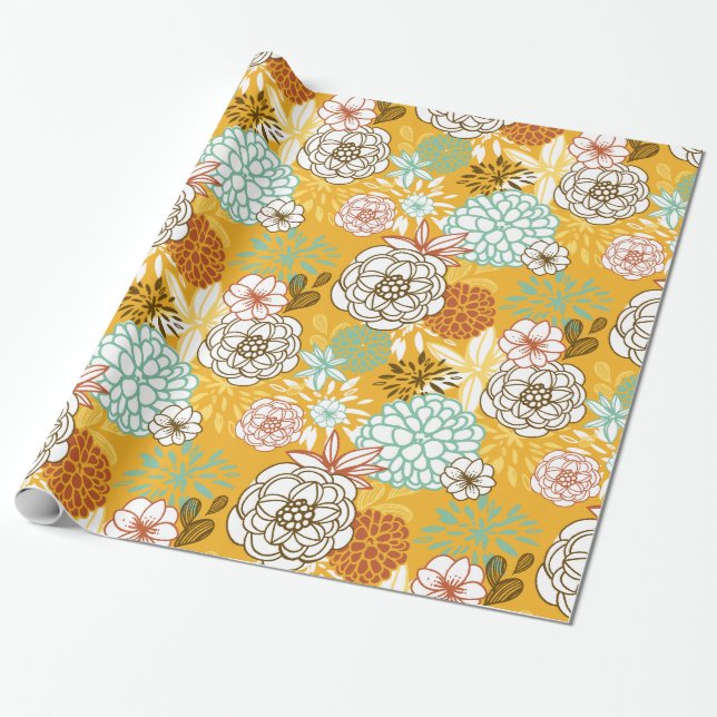 Autumn Flowers and Leaves Wrapping Paper (Unrolled)