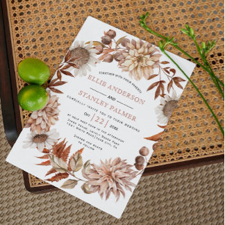 Autumn flowers and leaves wreath fall wedding invitation