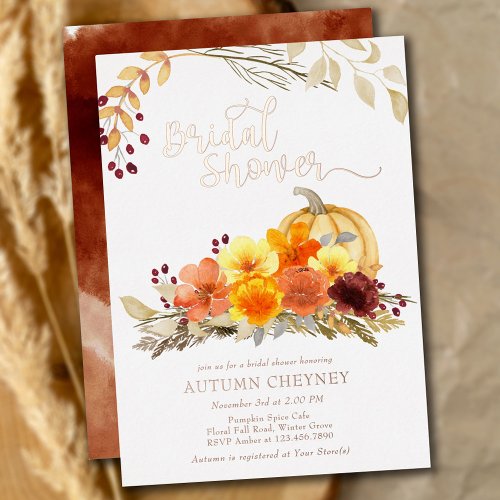 Autumn Flowers and Pumpkin Bridal Shower Rose Gold Foil Invitation