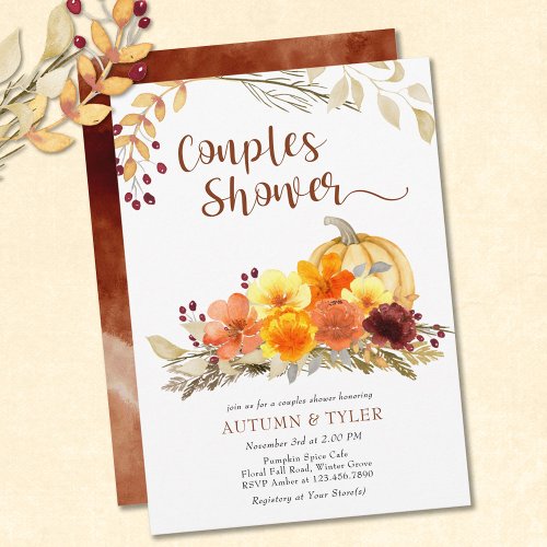 Autumn Flowers and Pumpkin Couples Shower Invitation