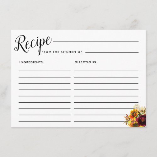 Autumn Flowers Bridal Shower Recipe Card