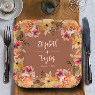 Autumn Flowers Bridal Shower Terracotta Paper Plates