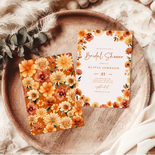 Autumn Flowers Burnt Orange Bridal Shower Invitation