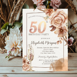 Autumn Flowers,Champagne Glass Gold 50th  Invitation