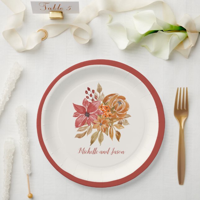 Autumn Flowers Elegant Falling in love Paper Plates (Wedding)