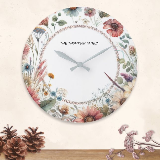 Autumn Flowers Elegant Nature Floral Personalized Large Clock (A wall clock with elegant Autumn flowers border and personalized with name)