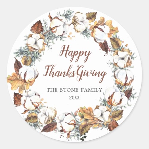 Autumn Flowers Fall Leaves Happy Thanksgiving Classic Round Sticker