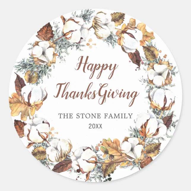 Autumn Flowers Fall Leaves Happy Thanksgiving Classic Round Sticker ...