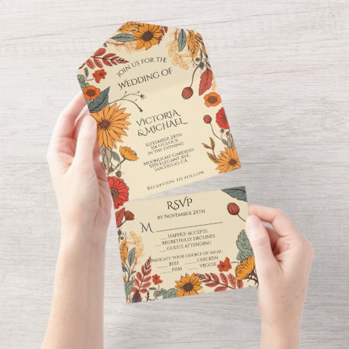 Autumn flowers Fall Wedding All In One Invitation