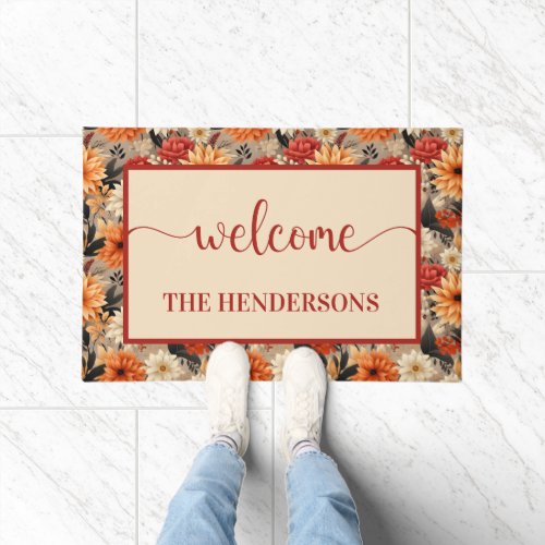 Autumn Flowers Family Name Welcome Doormat