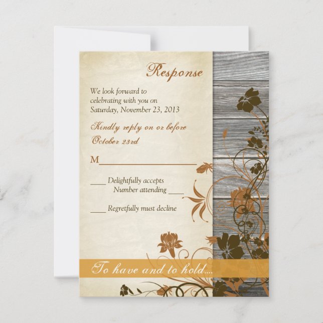 Autumn Flowers, FAUX Wood & Parchment RSVP Card (Front)