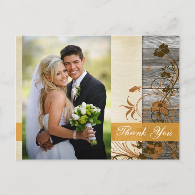 Autumn Flowers FAUX Wood Photo Thank You Post Card (Front)