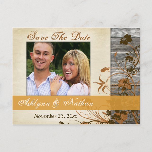 Autumn Flowers, FAUX Wood Save the Date Post Card (Front)