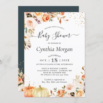 Autumn Flowers Gold Pumpkin Fall Baby Shower Invitation by CardHunter at Zazzle