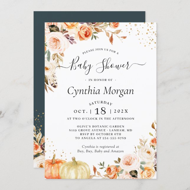 Autumn Flowers Gold Pumpkin Fall Baby Shower Invitation (Front/Back)