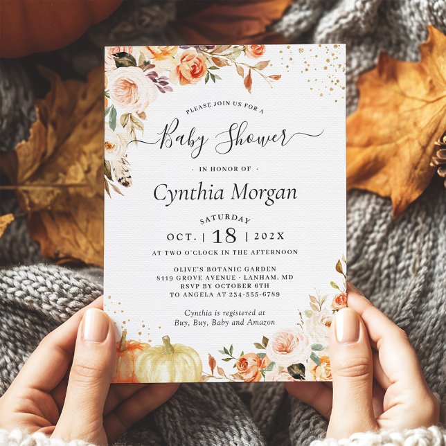 Autumn Flowers Gold Pumpkin Fall Baby Shower Invitation (Creator Uploaded)