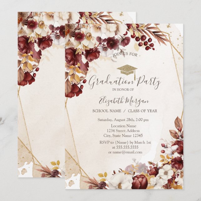 Autumn Flowers,Grad Cap,Graduation  Invitation (Front/Back)