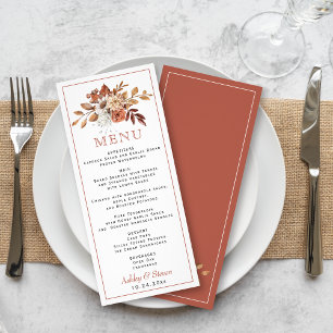 Autumn flowers, leaves border wedding menu card