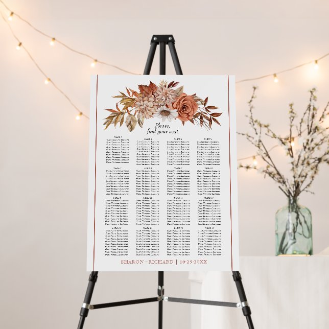 Autumn flowers leaves border wedding seating chart foam board (In Situ (Stand))