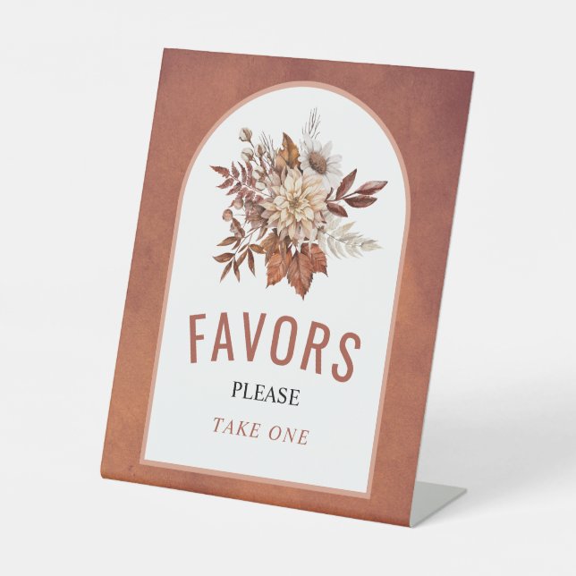 Autumn flowers, leaves terracotta wedding Favors Pedestal Sign (Front)
