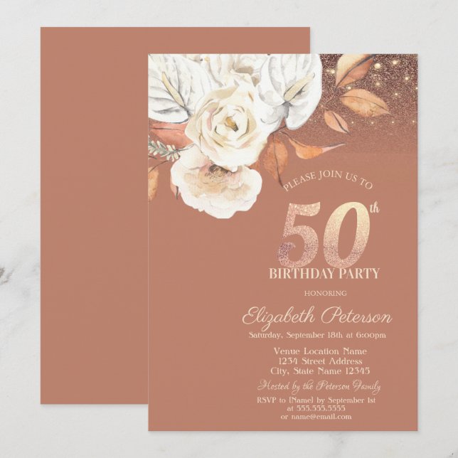 Autumn Flowers Lights Glitter 50th Birthday Invitation (Front/Back)